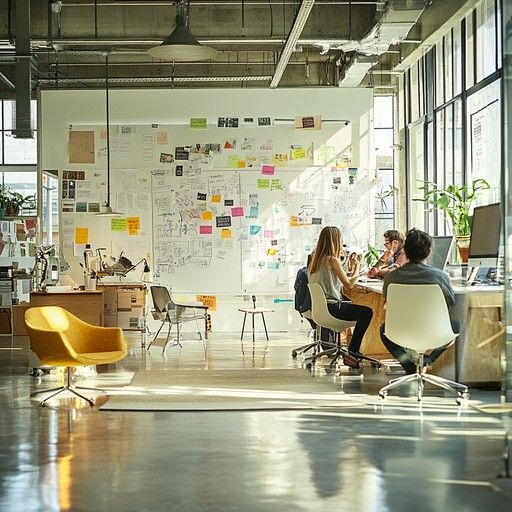A sunlit modern office with a collaborative whiteboard wall and team members at desks.