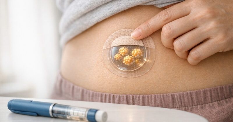 Adhesive medical patch on an abdomen beside a blue injection pen