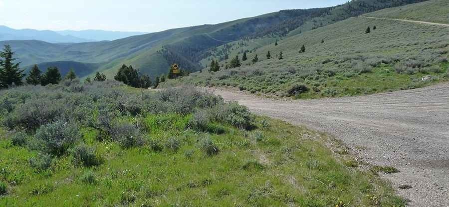 Gravel road winding across sagebrush-covered hills at Lemhi Pass