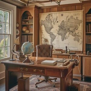 Wood-paneled study with a vintage map, globe, books, and writing desk