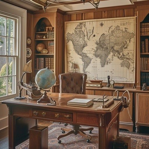 Wood-paneled study with a vintage map, globe, books, and writing desk